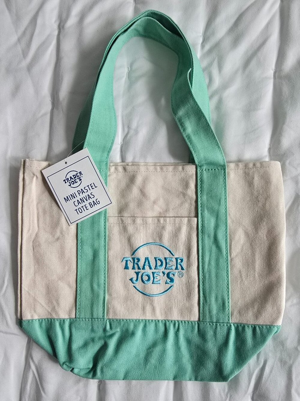 NWT Trader Joe’s Mini Tote Bag - Natural and Pastel/Mint Green NEW